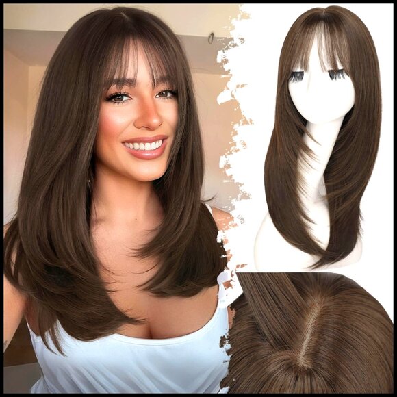 Synthetic Wig with Bangs Glueless Realistic Scalp Everyday Use Face-Framing